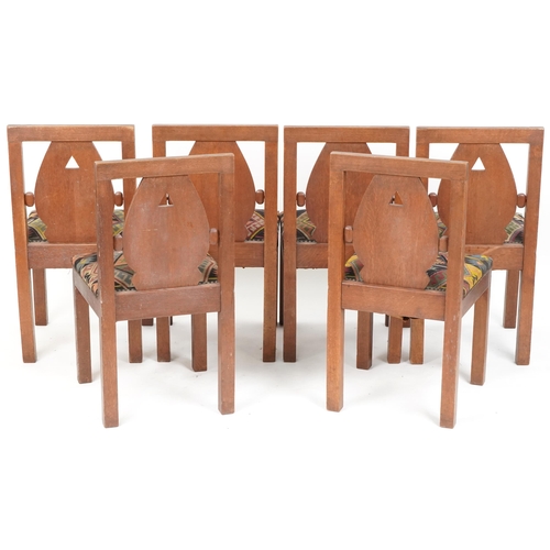 625 - Set of six early 20th century Arts & Crafts/Art Deco oak dining chairs, possibly Amsterdam School, e... 