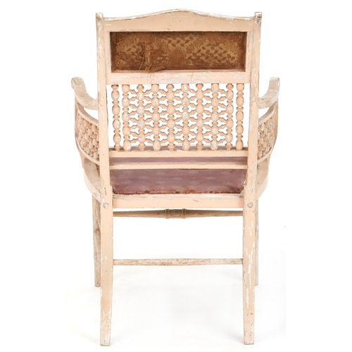 605 - Aesthetic Movement white painted bedroom chair retailed by Liberty's of London, 84cm H x 54cm W x 46... 