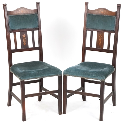 571 - Pair of early 20th century Arts & Crafts dining chairs with inlaid decoration, one lacking back pane... 