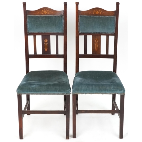 571 - Pair of early 20th century Arts & Crafts dining chairs with inlaid decoration, one lacking back pane... 