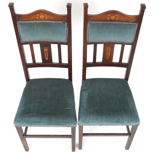 571 - Pair of early 20th century Arts & Crafts dining chairs with inlaid decoration, one lacking back pane... 