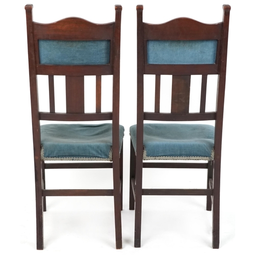 571 - Pair of early 20th century Arts & Crafts dining chairs with inlaid decoration, one lacking back pane... 