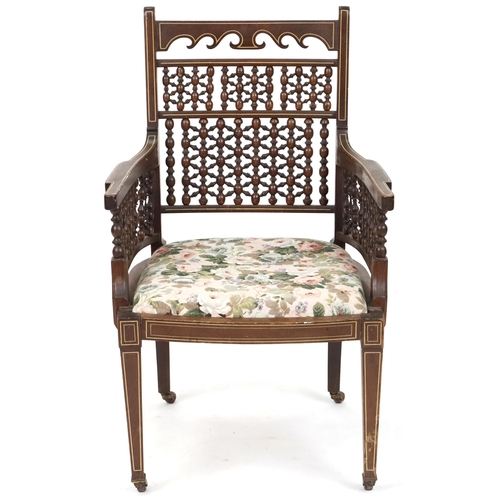 606 - Edwardian Arts & Crafts Moorish style salon armchair, 75cm H x 55cm W x 49cm D