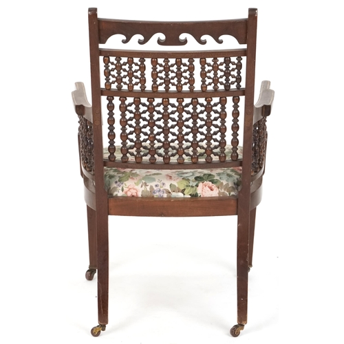 606 - Edwardian Arts & Crafts Moorish style salon armchair, 75cm H x 55cm W x 49cm D