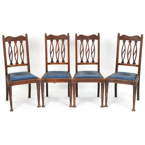 615 - Set of four early 20th century Arts & Crafts oak dining chairs with drop in seats, 101cm H x 44cm W ... 