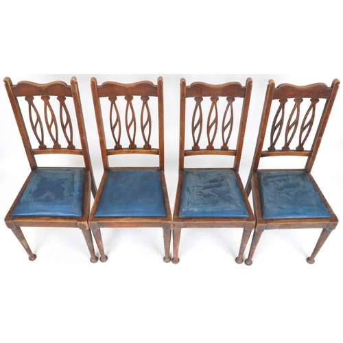 615 - Set of four early 20th century Arts & Crafts oak dining chairs with drop in seats, 101cm H x 44cm W ... 