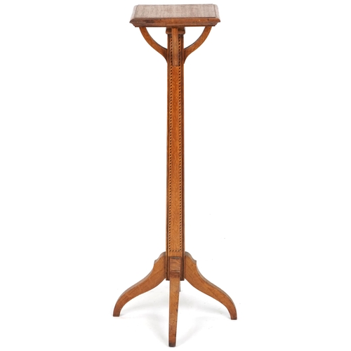 620 - Edwardian oak jardinière stand with chequer stringing, 126cm H x 28cm W x 28cm D