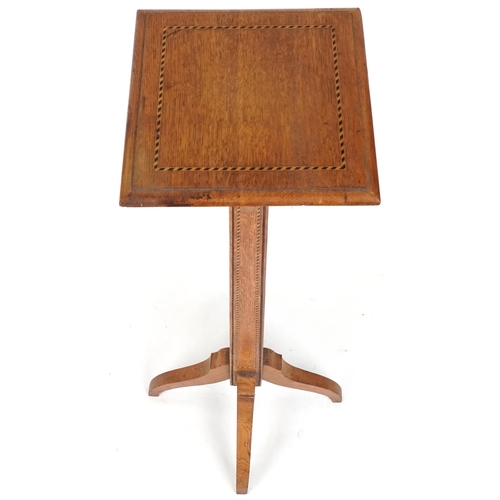 620 - Edwardian oak jardinière stand with chequer stringing, 126cm H x 28cm W x 28cm D