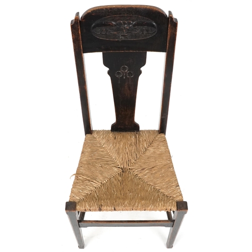 602 - Early 20th century Secessionist style oak side chair with carved back rail, 102cm H x 45cm W x 43cm ... 