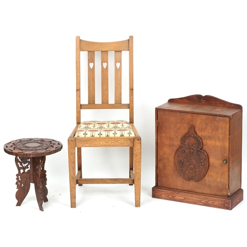 698 - Edwardian Arts & Crafts oak dining chair together with an Arts & Crafts side cabinet and small carve... 