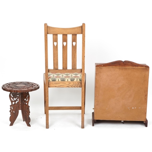 698 - Edwardian Arts & Crafts oak dining chair together with an Arts & Crafts side cabinet and small carve... 