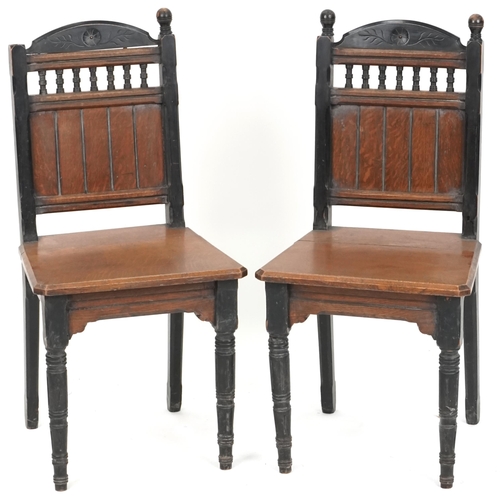 609 - Pair of late 19th century Gothic Revival oak and ebonised hall chairs, 94cm H x 45cm W x 43cm D