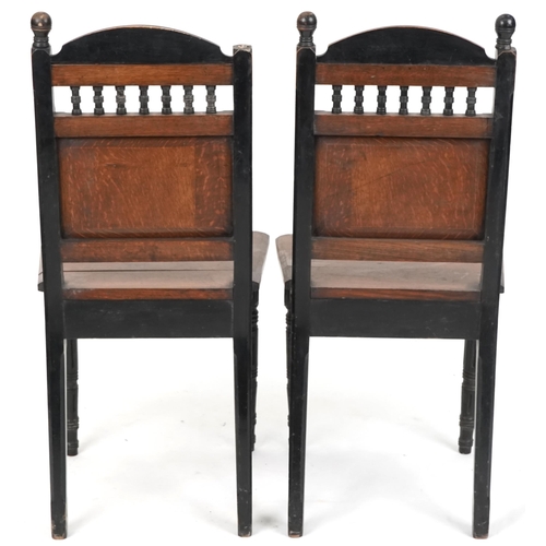 609 - Pair of late 19th century Gothic Revival oak and ebonised hall chairs, 94cm H x 45cm W x 43cm D