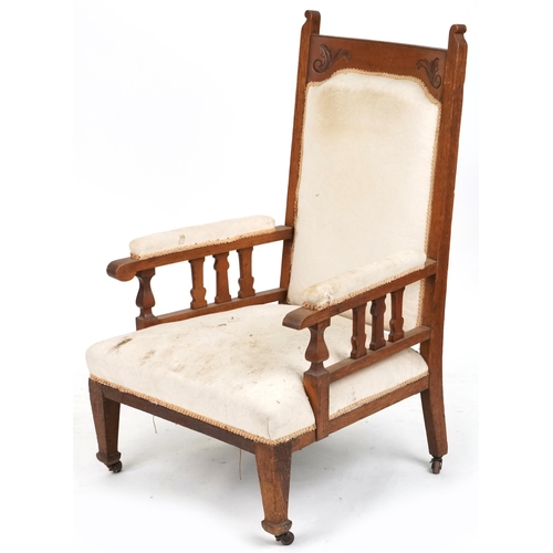 630 - Edwardian Arts & Crafts gentlemen's oak salon armchair with carved decoration, 112cm H x 70cm W x 68... 