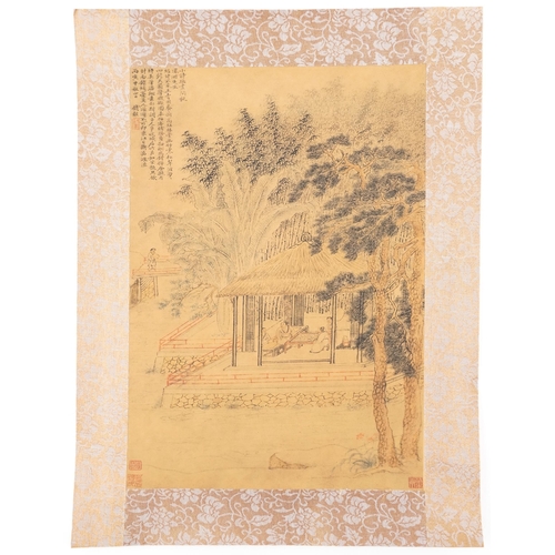 1362 - Chinese figures and pagoda beneath trees, part silk, unframed, overall 36.5cm x 28cm