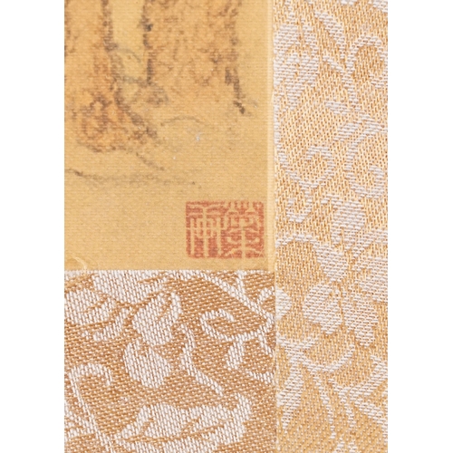 1362 - Chinese figures and pagoda beneath trees, part silk, unframed, overall 36.5cm x 28cm