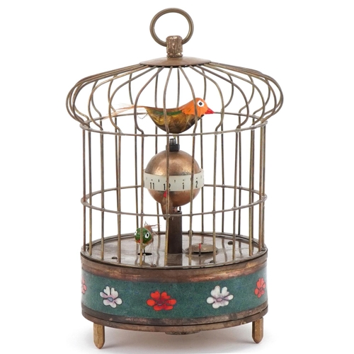 2177 - Clockwork automaton bird cage alarm clock, 21cm high