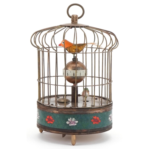 2177 - Clockwork automaton bird cage alarm clock, 21cm high