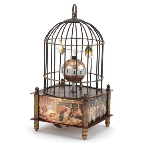 2190 - Clockwork automaton bird cage alarm clock, 18cm high