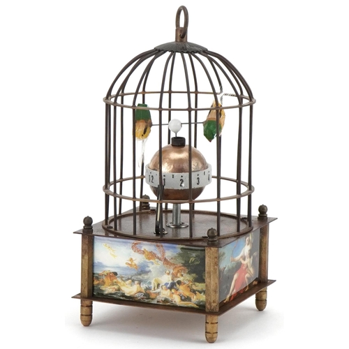 2190 - Clockwork automaton bird cage alarm clock, 18cm high