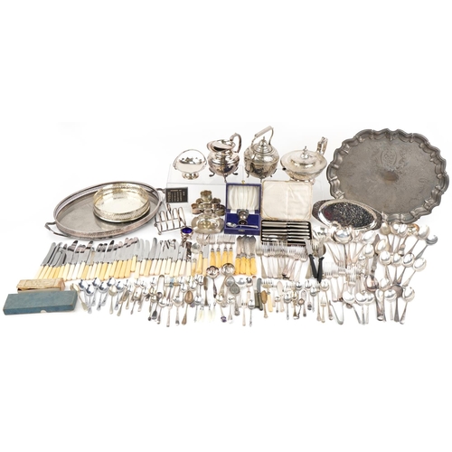 2263 - Antique and later silverplate and stainless steel including teapots, cutlery, toast rack and trays, ... 