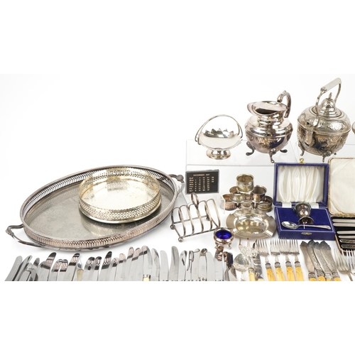 2263 - Antique and later silverplate and stainless steel including teapots, cutlery, toast rack and trays, ... 