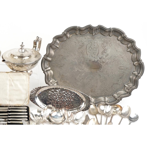 2263 - Antique and later silverplate and stainless steel including teapots, cutlery, toast rack and trays, ... 