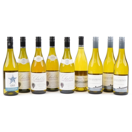 2073 - Nine bottles of white wine including 2006 Chablis Cuvée, 2014 Clear Springs Sauvignon Blanc and 2006... 