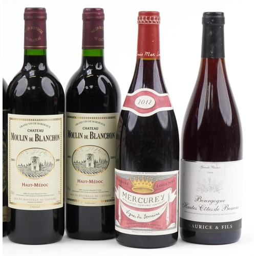 2036 - Eight bottles of wine including 2001  Moulin de Blanchon Haut-Médoc, 1986 Château Pierredon and  200... 