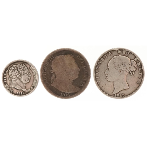 2410 - George III 1816 half crown, 1816 shilling and Queen Victoria 1883 half crown