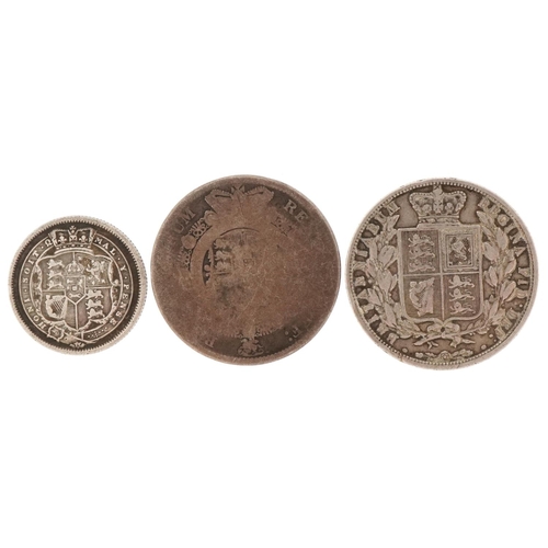 2410 - George III 1816 half crown, 1816 shilling and Queen Victoria 1883 half crown