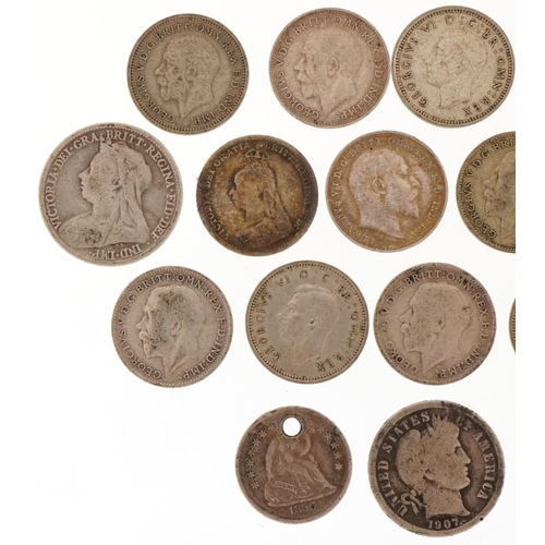 2406 - 19th century and later silver coinage, mainly threepences, one sixpence and two continental coins, o... 