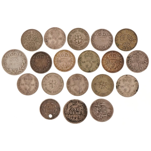 2406 - 19th century and later silver coinage, mainly threepences, one sixpence and two continental coins, o... 