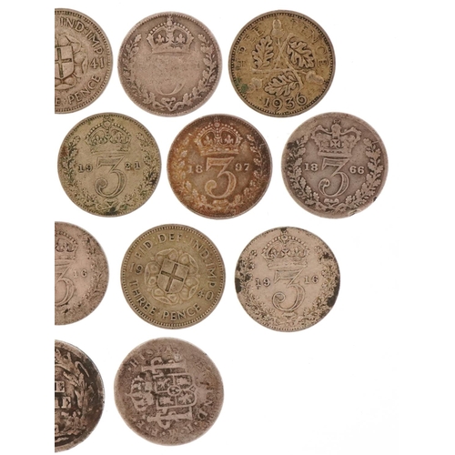 2406 - 19th century and later silver coinage, mainly threepences, one sixpence and two continental coins, o... 