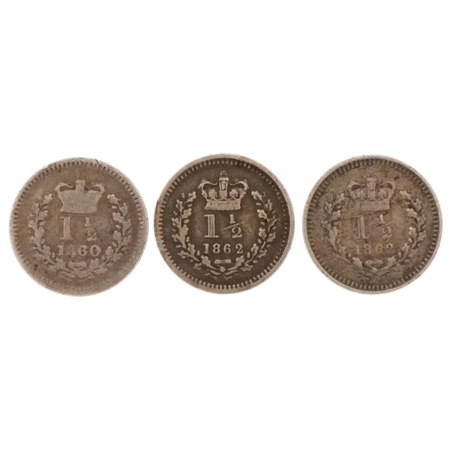 2395 - Queen Victoria three half pences, one 1860 and two 1862