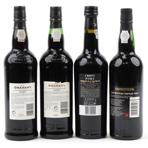 2013 - Four bottles of port comprising 1996 Graham's, 1997 Graham's, 1996 Cockburn's and Triple Crown Croft