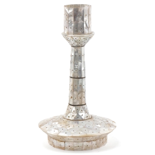 1122 - Indian Goa mother-of-pearl candlestick, 29cm high