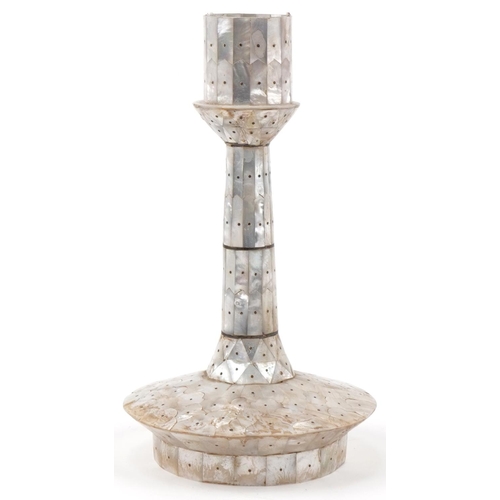 1122 - Indian Goa mother-of-pearl candlestick, 29cm high