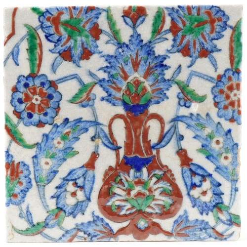 1288 - Turkish Ottoman Iznik tile hand painted with flowers, 24.5cm x 24.5cm