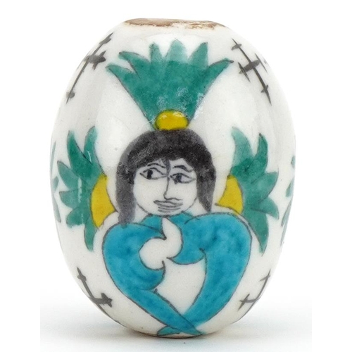 1120 - Turkish Ottoman Armenian egg pendant hand painted with figures, 7cm high