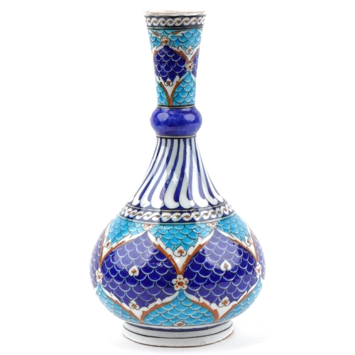 1284 - Turkish Ottoman Iznik vase hand painted with fish scales and flowers, 32cm high