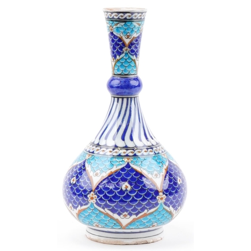 1284 - Turkish Ottoman Iznik vase hand painted with fish scales and flowers, 32cm high