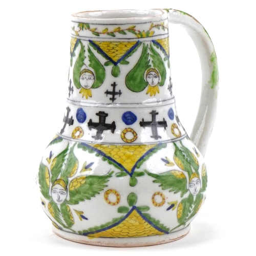 1285 - Turkish Ottoman Kutahya Armenian water jug hand painted with figures and stylized motifs, 14.5cm hig... 