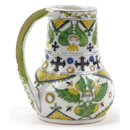 1285 - Turkish Ottoman Kutahya Armenian water jug hand painted with figures and stylized motifs, 14.5cm hig... 