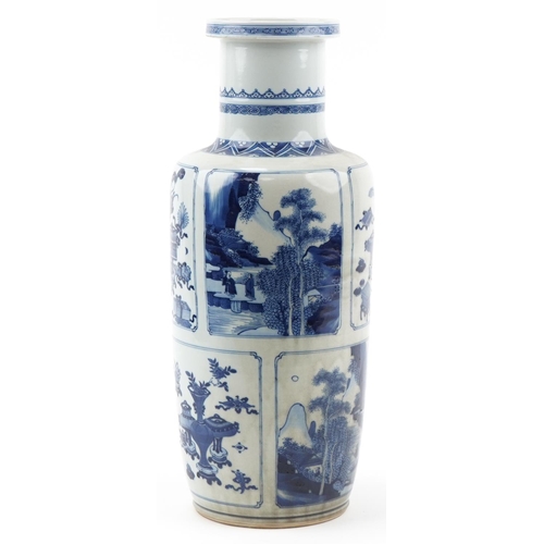 1014 - Large Chinese blue and white porcelain Rouleau vase hand painted with panels of objects and landscap... 