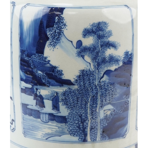 1014 - Large Chinese blue and white porcelain Rouleau vase hand painted with panels of objects and landscap... 