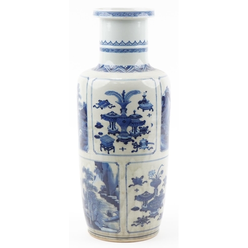 1014 - Large Chinese blue and white porcelain Rouleau vase hand painted with panels of objects and landscap... 