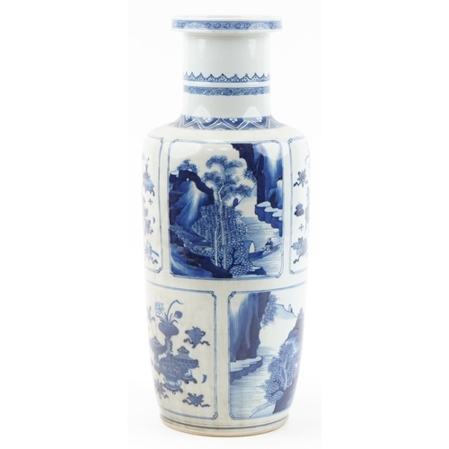 1014 - Large Chinese blue and white porcelain Rouleau vase hand painted with panels of objects and landscap... 