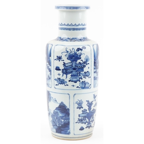 1014 - Large Chinese blue and white porcelain Rouleau vase hand painted with panels of objects and landscap... 