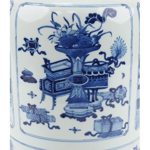 1014 - Large Chinese blue and white porcelain Rouleau vase hand painted with panels of objects and landscap... 